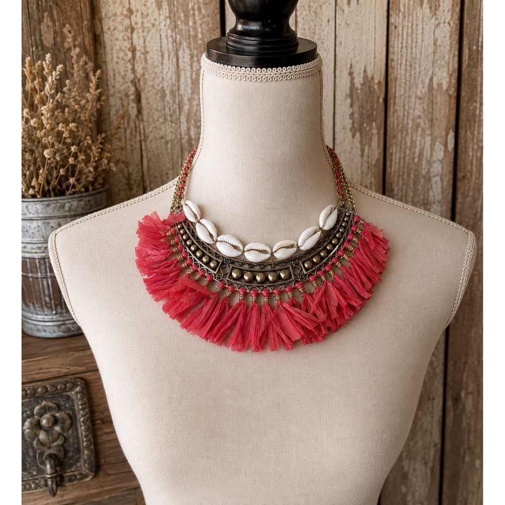 Express Gold Tone Cowrie Shell Raffia Tassel Bib Necklace Pink Coral Resortwear